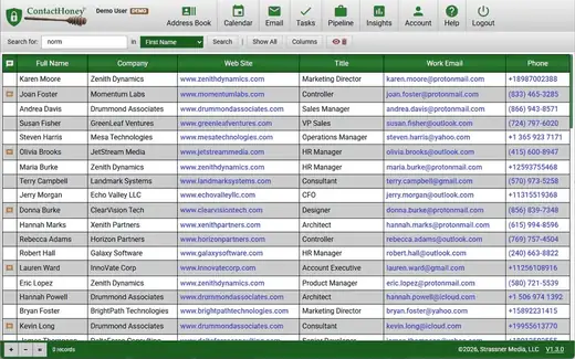 ContactHoney address book: a searchable contact table with columns for name, company, website, title, work email and phone