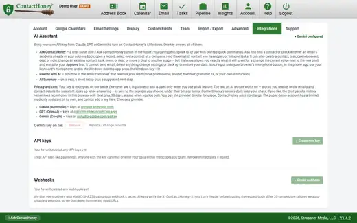 ContactHoney integrations settings: bring-your-own-key AI assistant setup, plus API keys and signed webhooks to connect Zapier or your own code