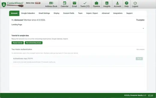 ContactHoney account settings: tabs for email, calendars and custom fields, and two-factor authentication setup with an authenticator app